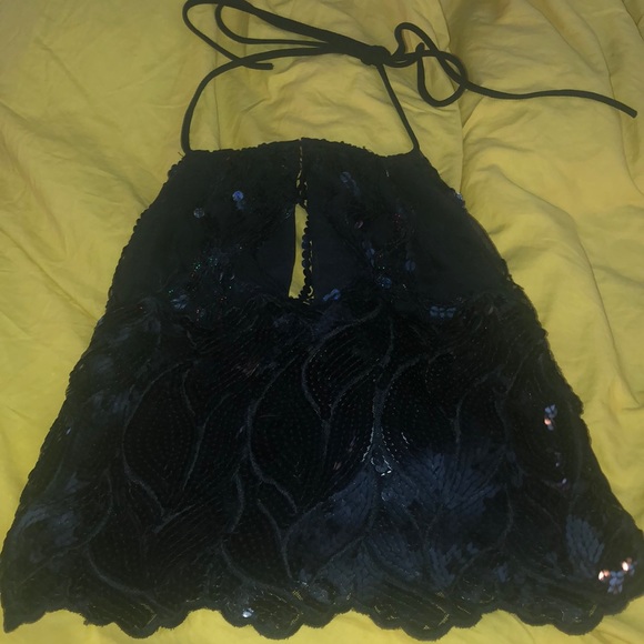 Sequin beaded summer halter top black Sz Small - Picture 4 of 6